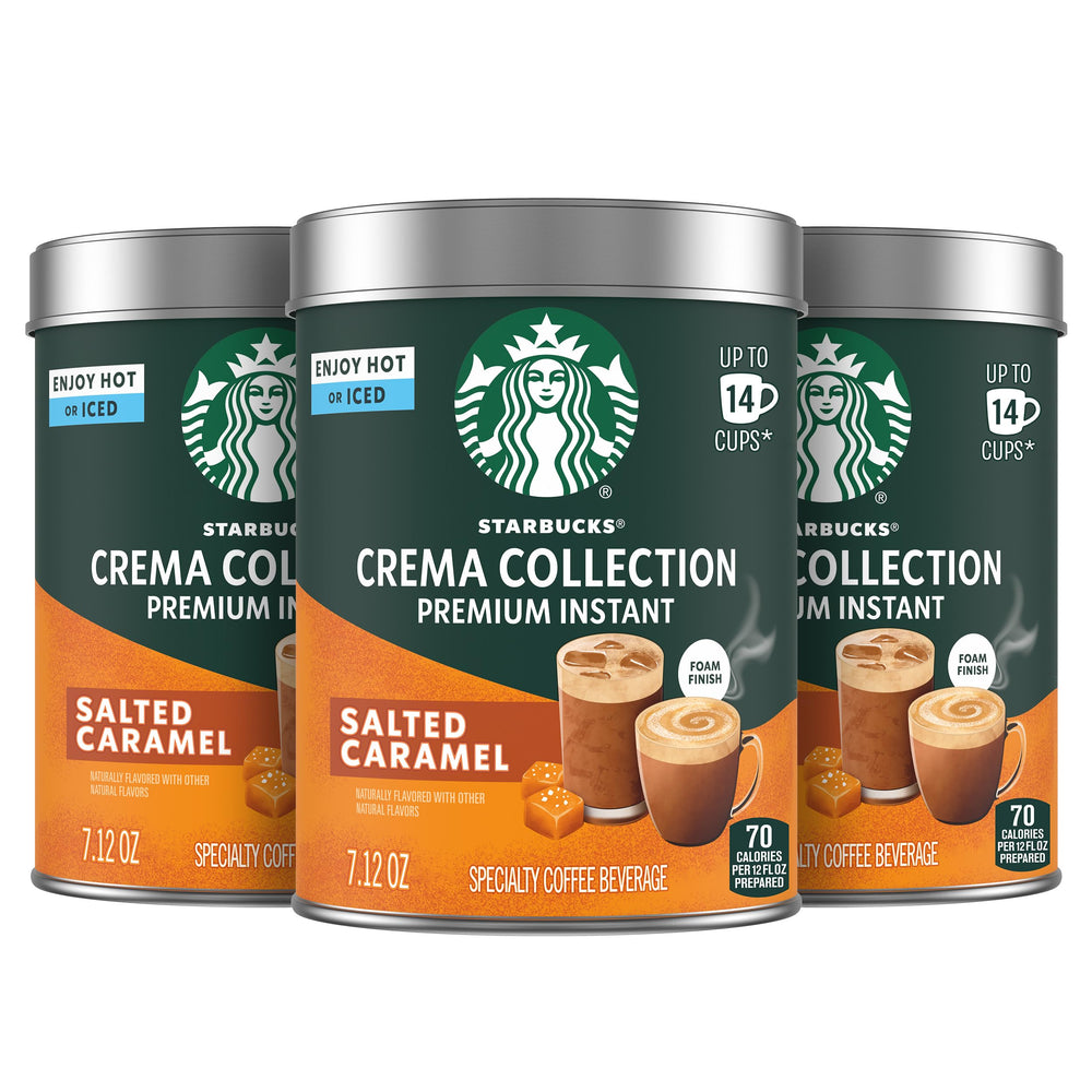 Starbucks Crema Salted Caramel tin packaging shown with recyclable design for at‑home coffee