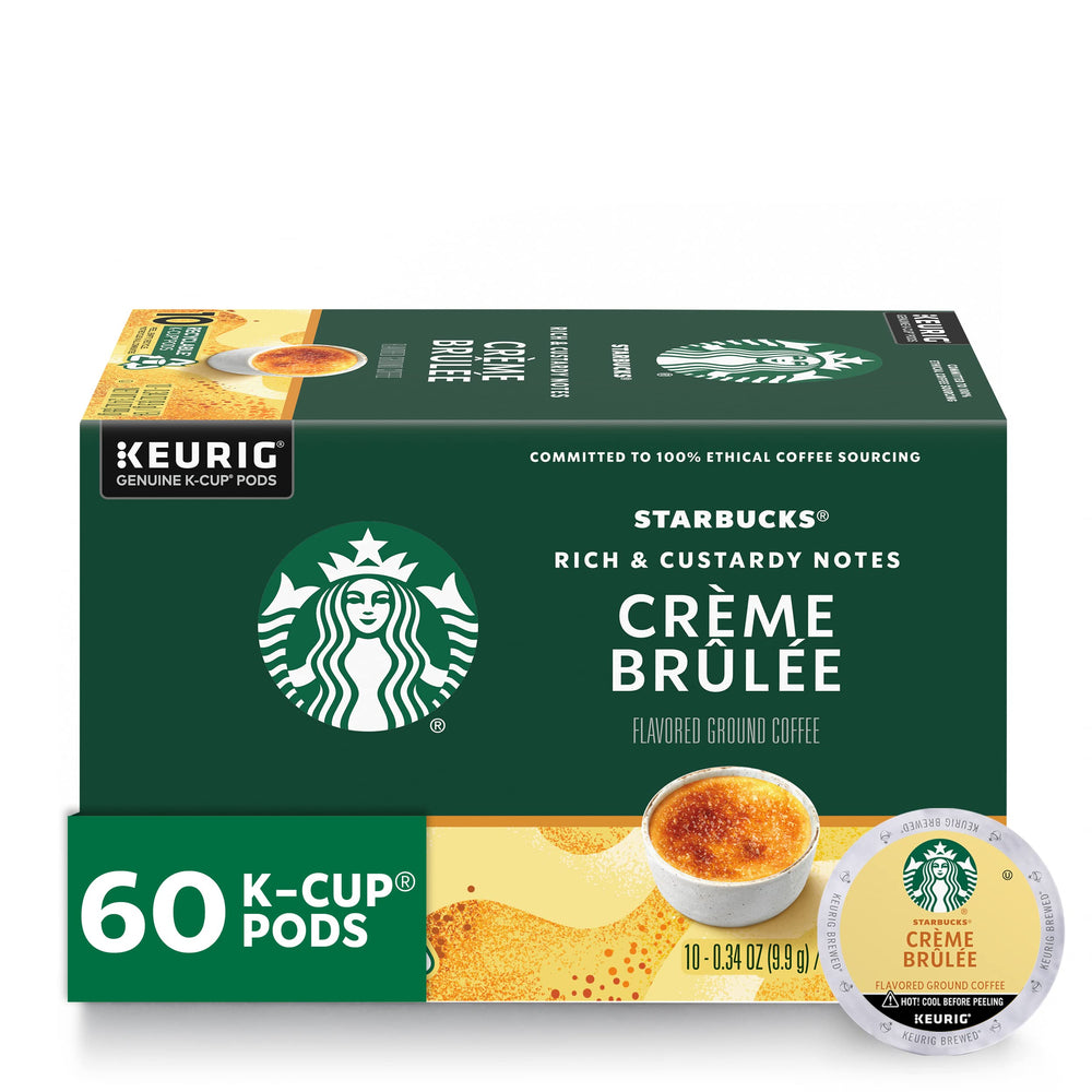 Starbucks Creme Brulee pods packaging showing the six-box assortment for home use.