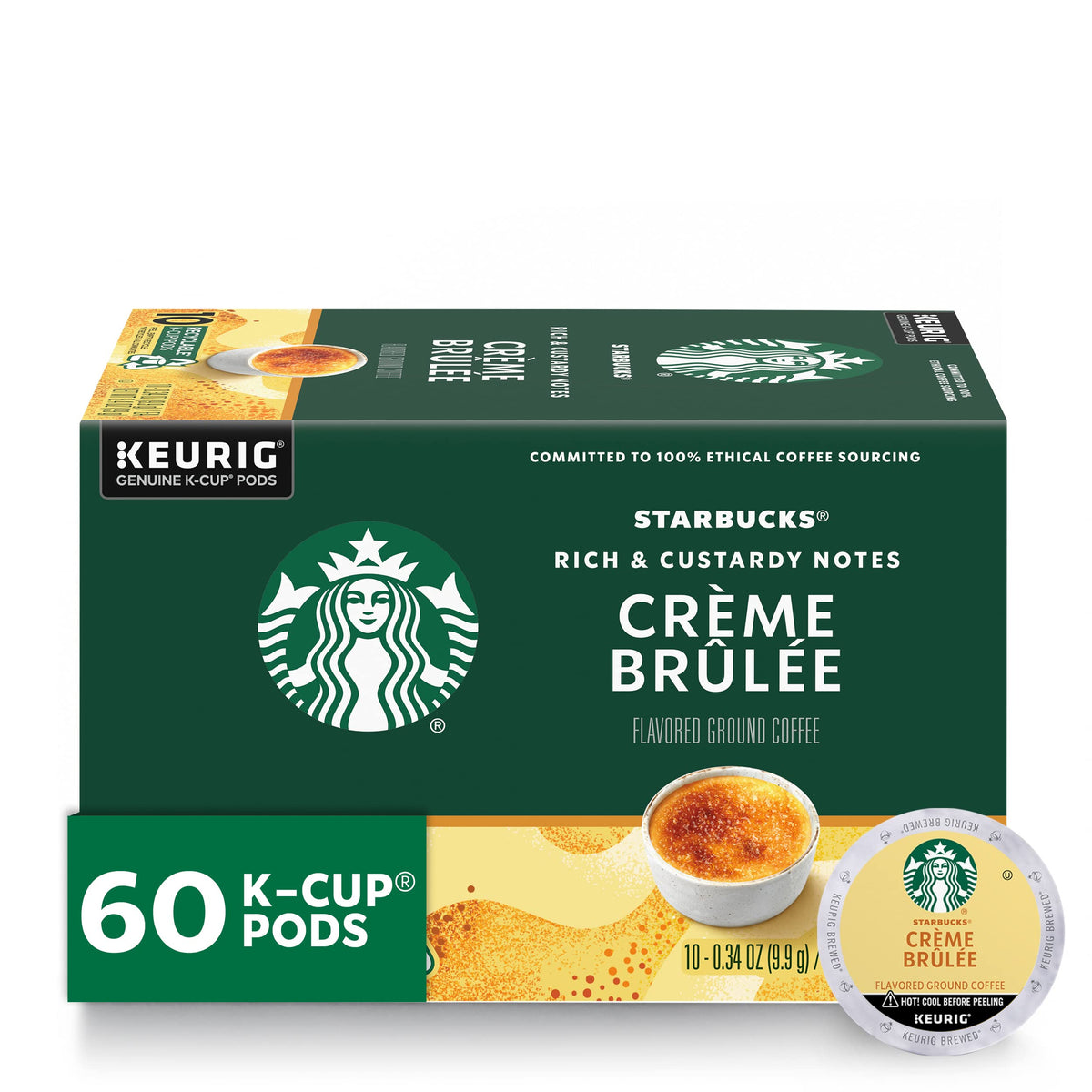 Starbucks Creme Brulee pods packaging showing the six-box assortment for home use.