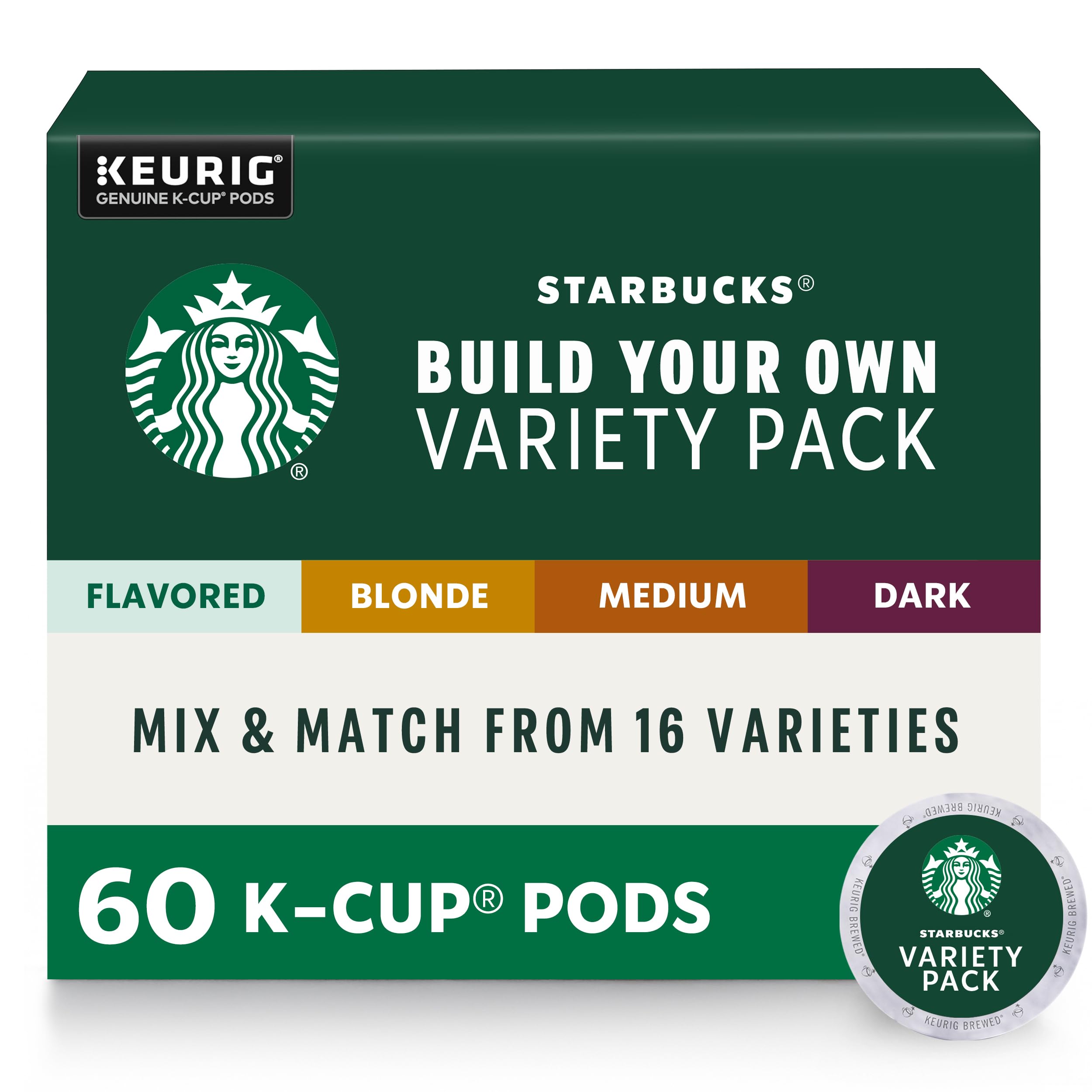 Starbucks Custom Build Variety Pack featuring 60 K-Cup pods for flexible flavor options.