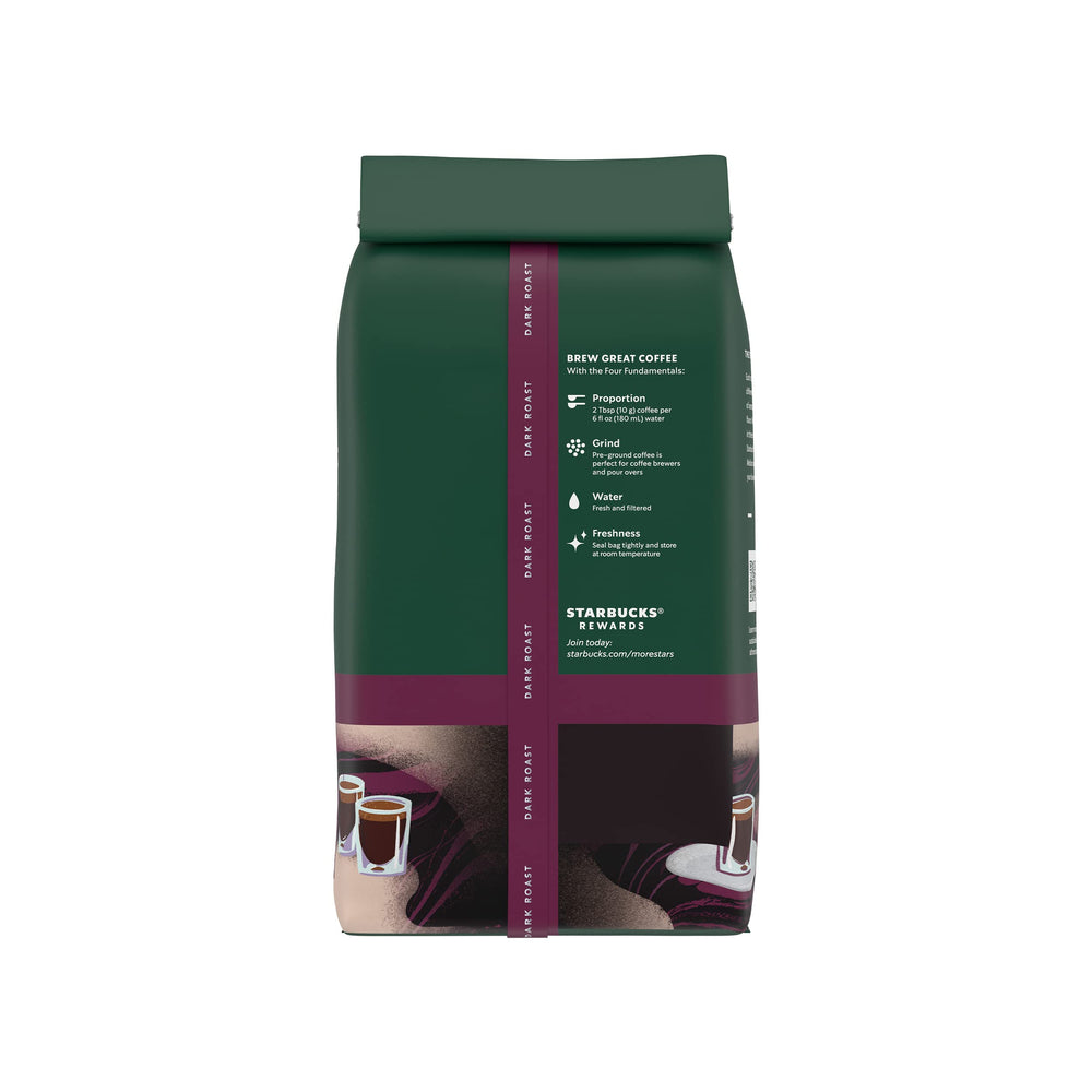 Starbucks Dark Roast ground coffee package on kitchen counter, ready for daily use.
