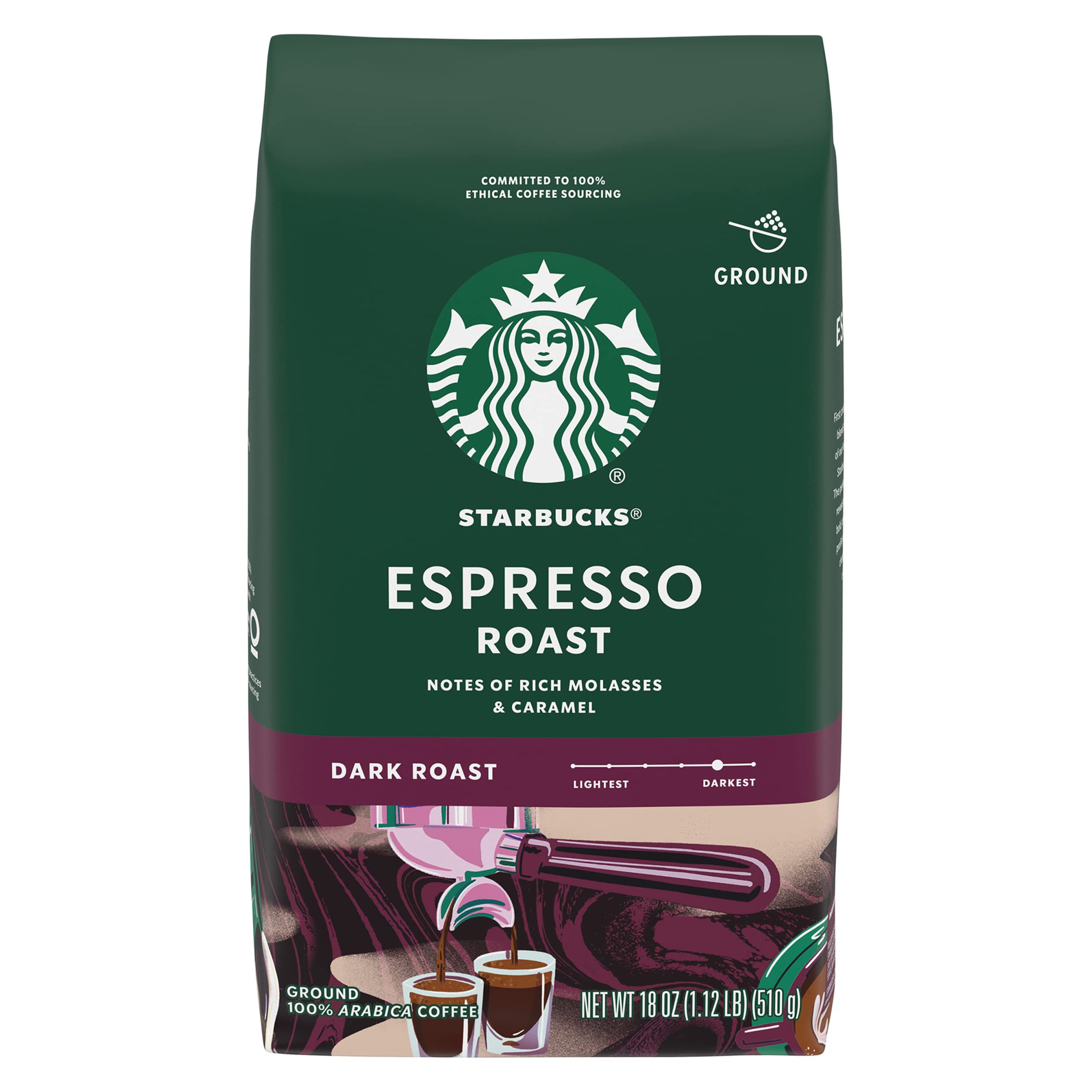 Starbucks Espresso Roast ground coffee 18oz bag, ideal for bold espresso at home.