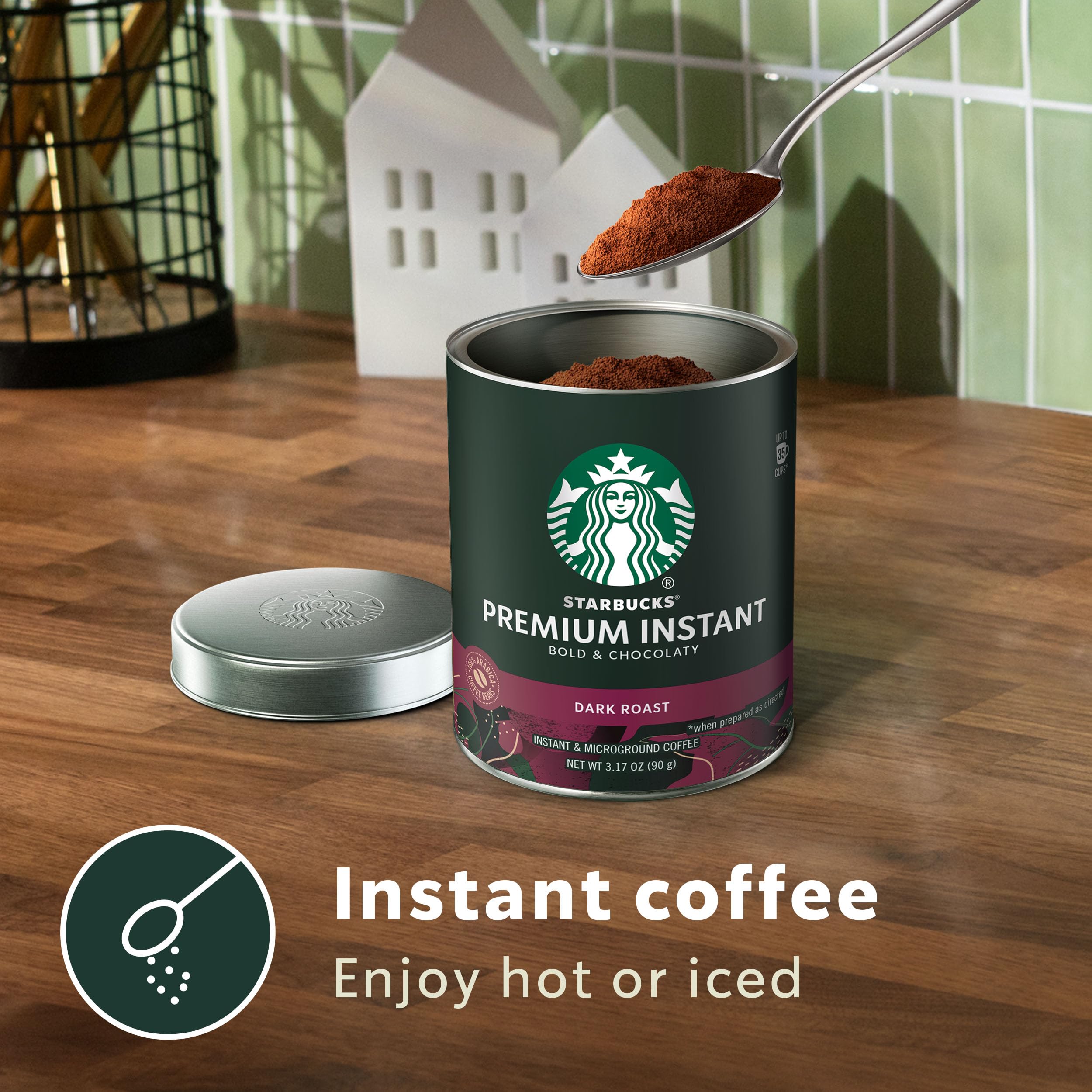 Starbucks dark roast instant coffee tin front label showcases premium packaging.