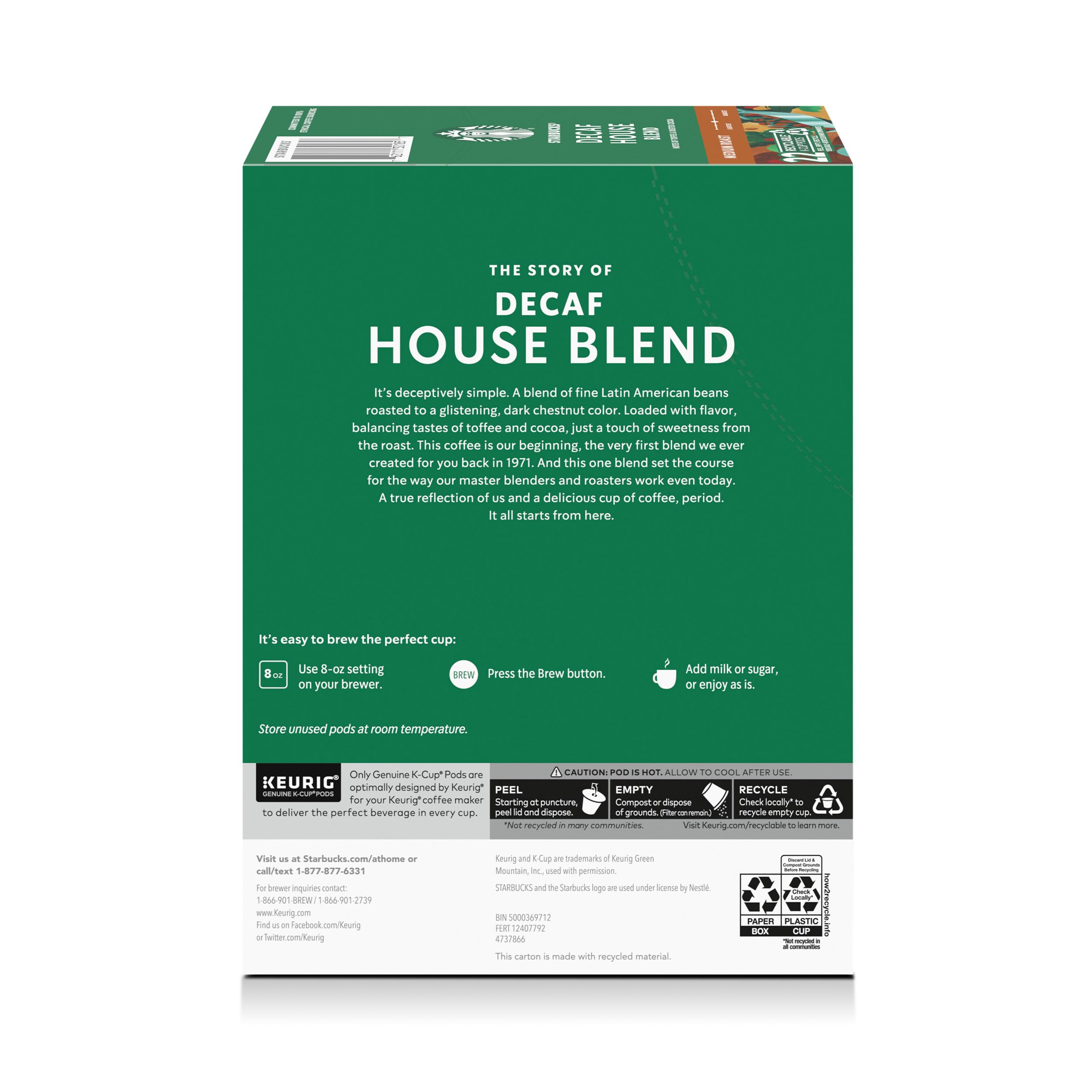 Starbucks Decaf House Blend packaging on a kitchen shelf