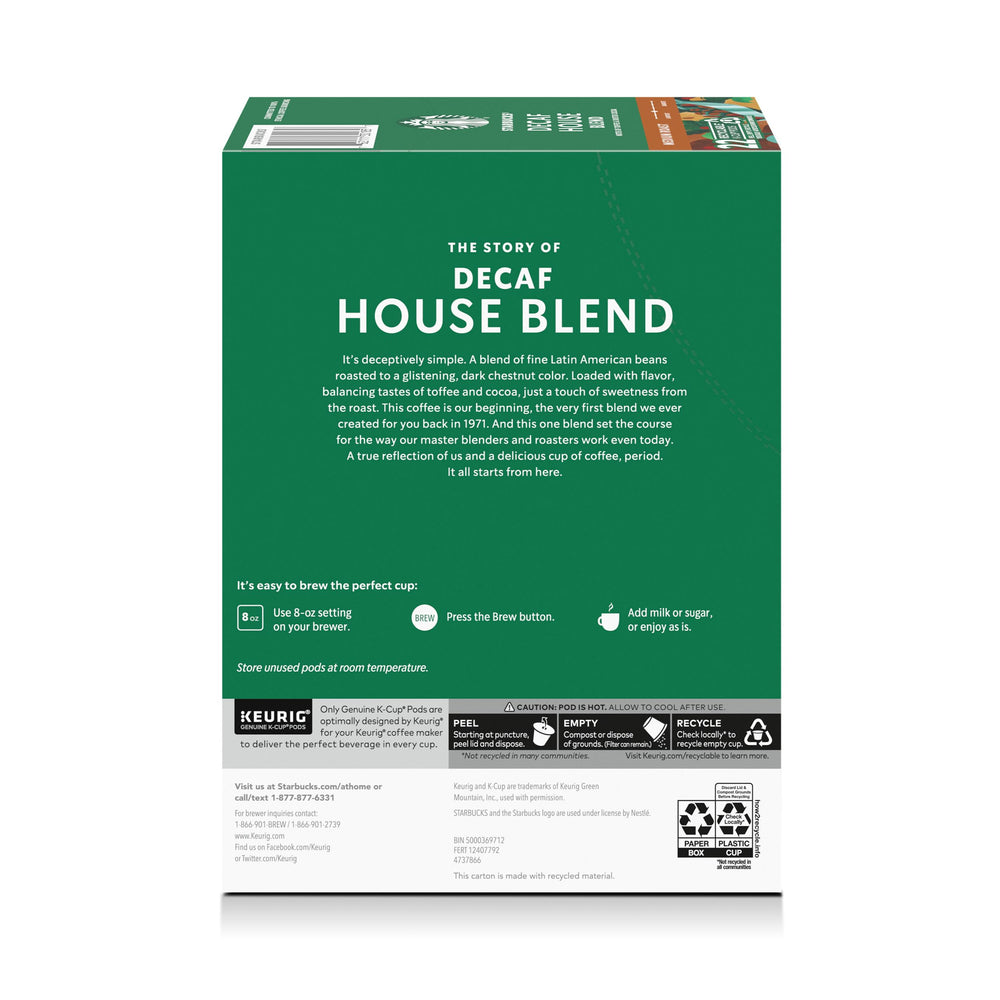 Starbucks Decaf House Blend packaging on a kitchen shelf