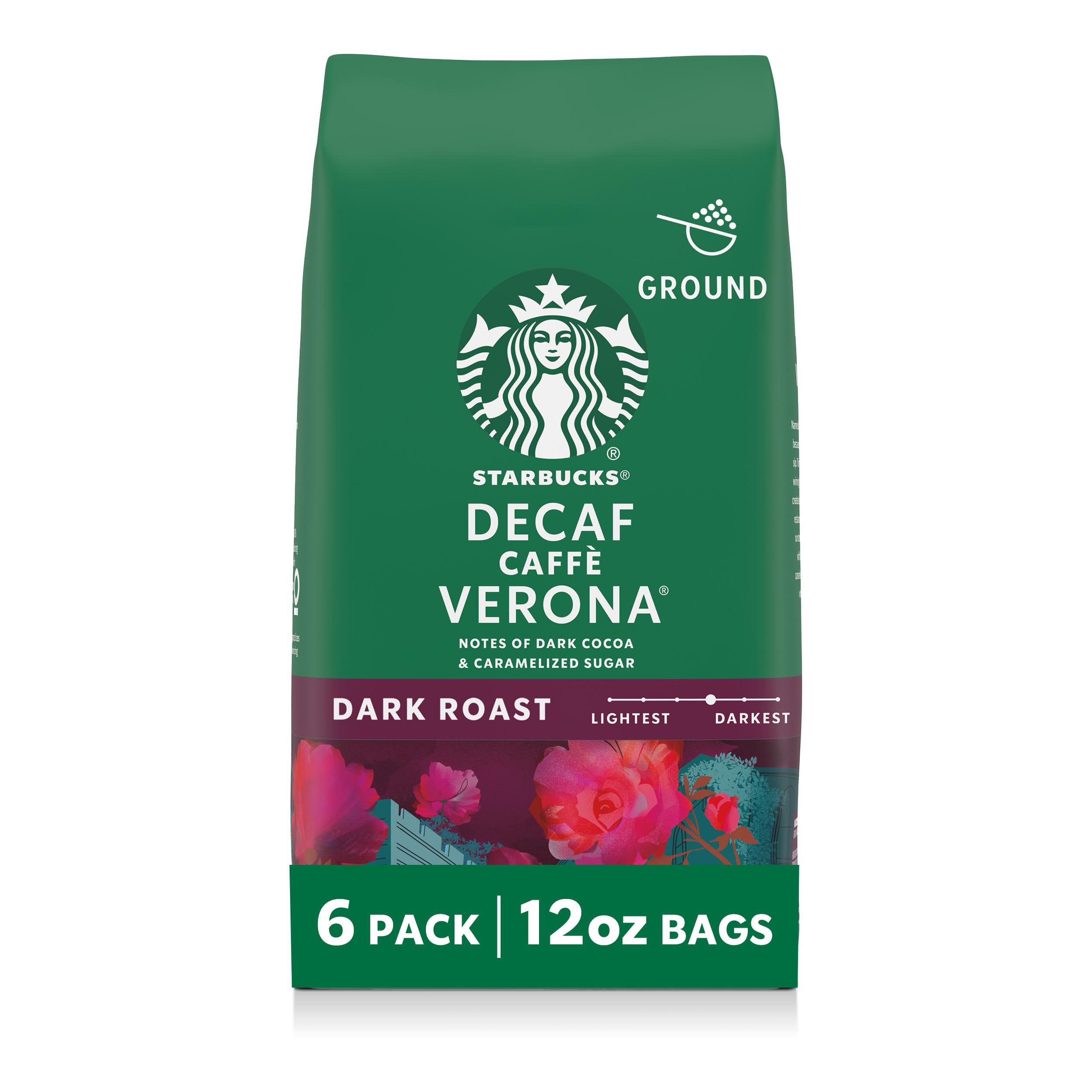 Starbucks Decaf Caffè Verona ground coffee bags ready for home brewing.