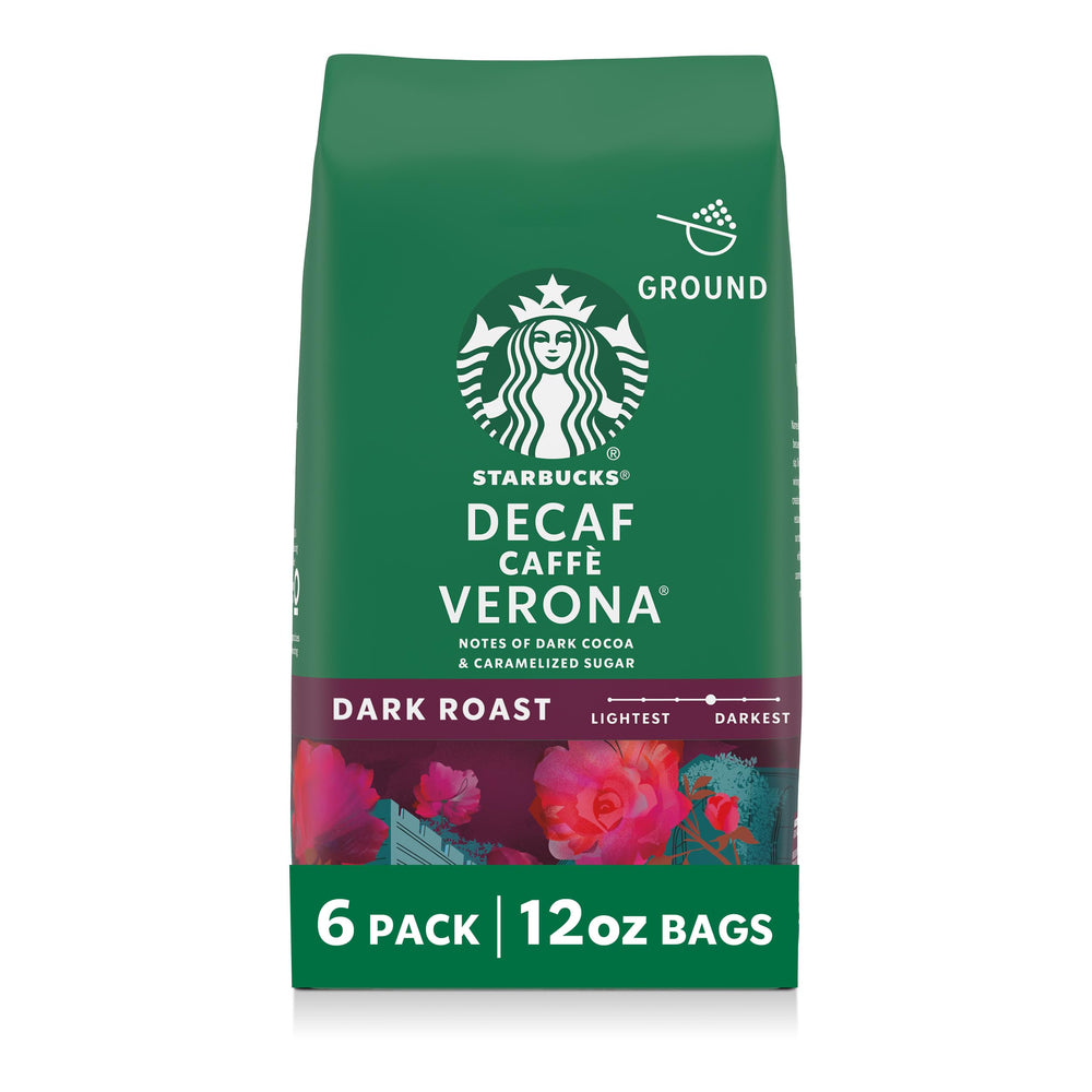 Starbucks Decaf Caffè Verona ground coffee bags ready for home brewing.
