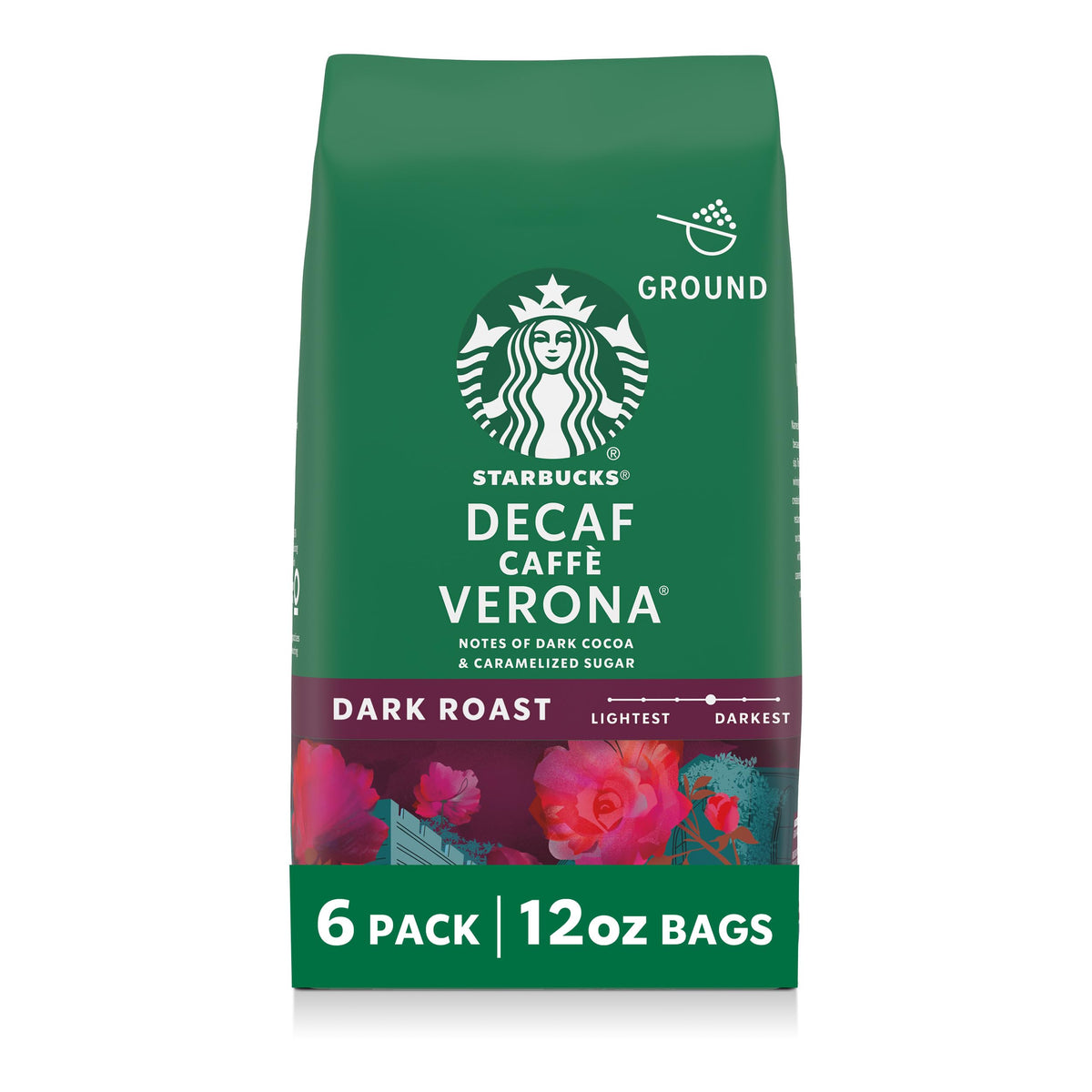 Starbucks Decaf Caffè Verona ground coffee bags ready for home brewing.