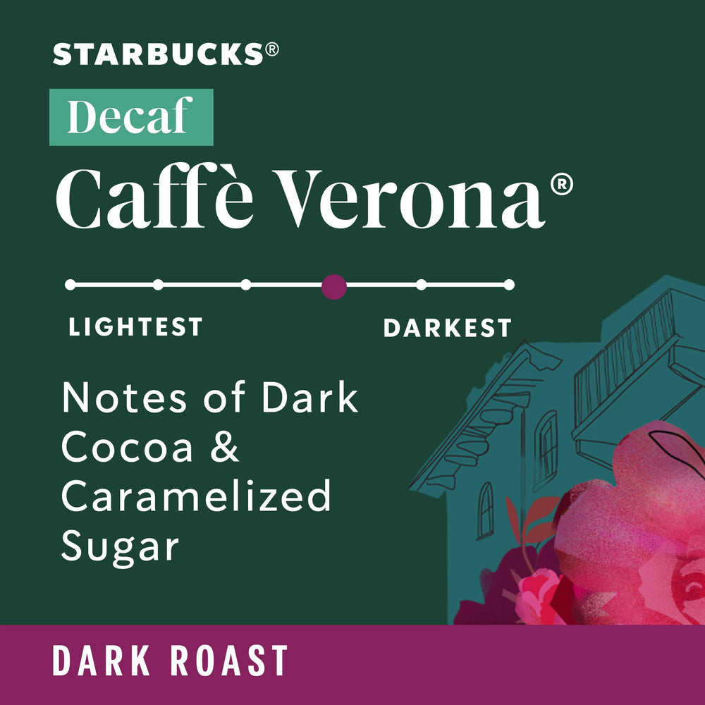 Starbucks Decaf Caffè Verona cup features cocoa and caramel notes.
