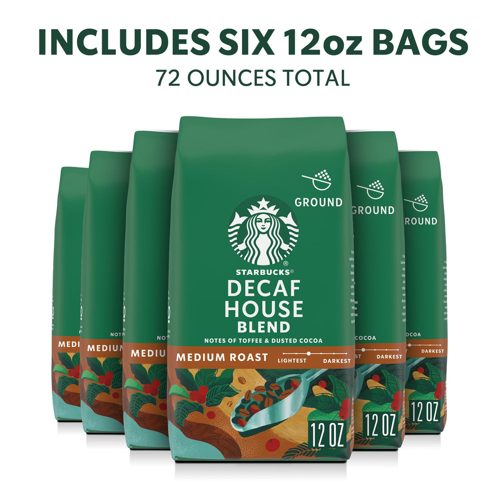 Close-up of Starbucks Decaf House Blend packaging signaling balanced, cocoa-toffee flavor.