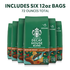 Close-up of Starbucks Decaf House Blend packaging signaling balanced, cocoa-toffee flavor.