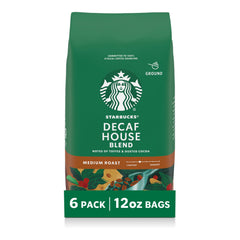 Starbucks Decaf House Blend ground coffee six-pack ideal for daily at-home brewing.