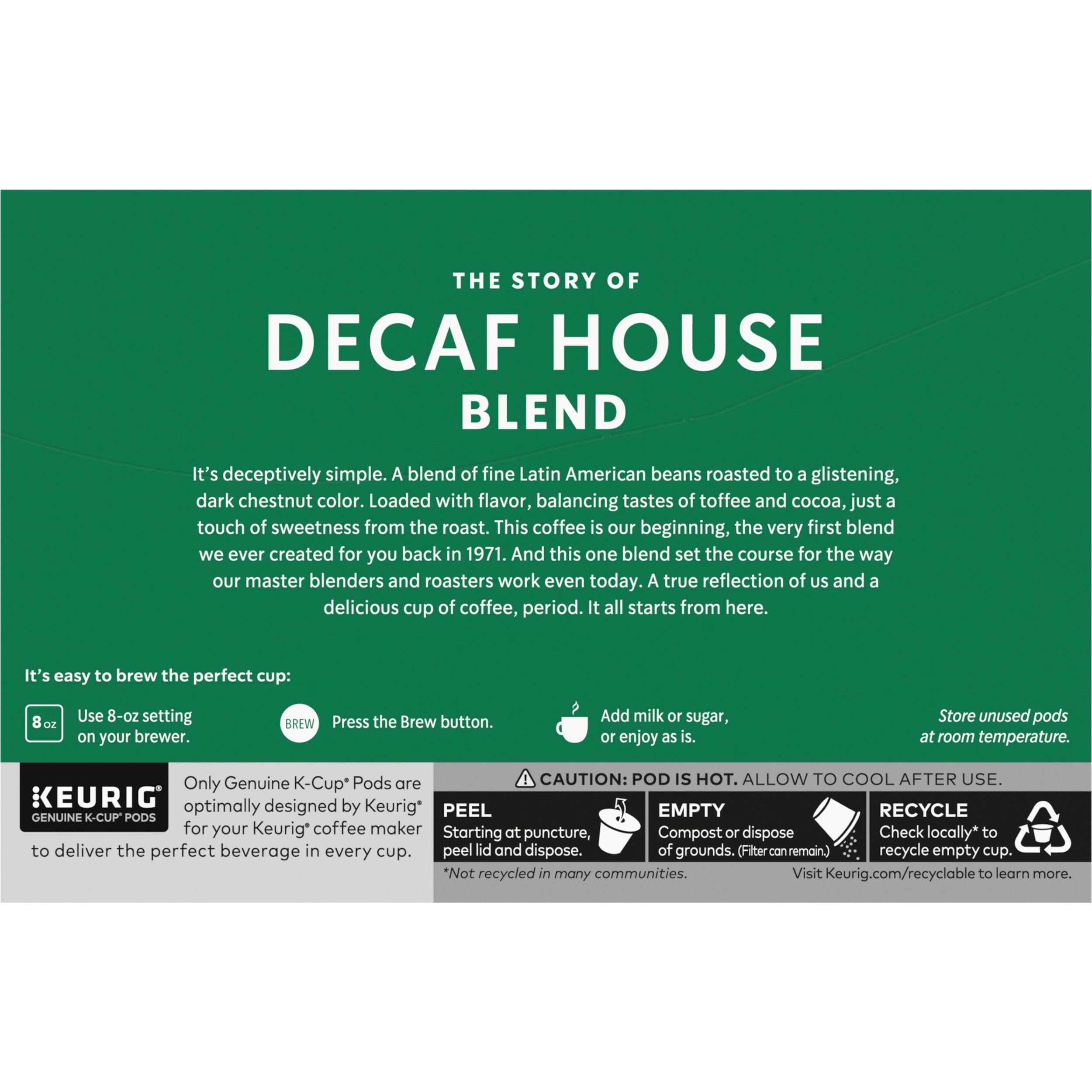 Box and pods of Starbucks Decaf House Blend on kitchen counter.