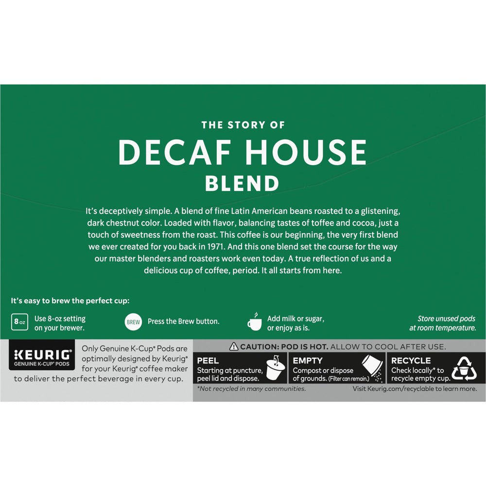 Box and pods of Starbucks Decaf House Blend on kitchen counter.
