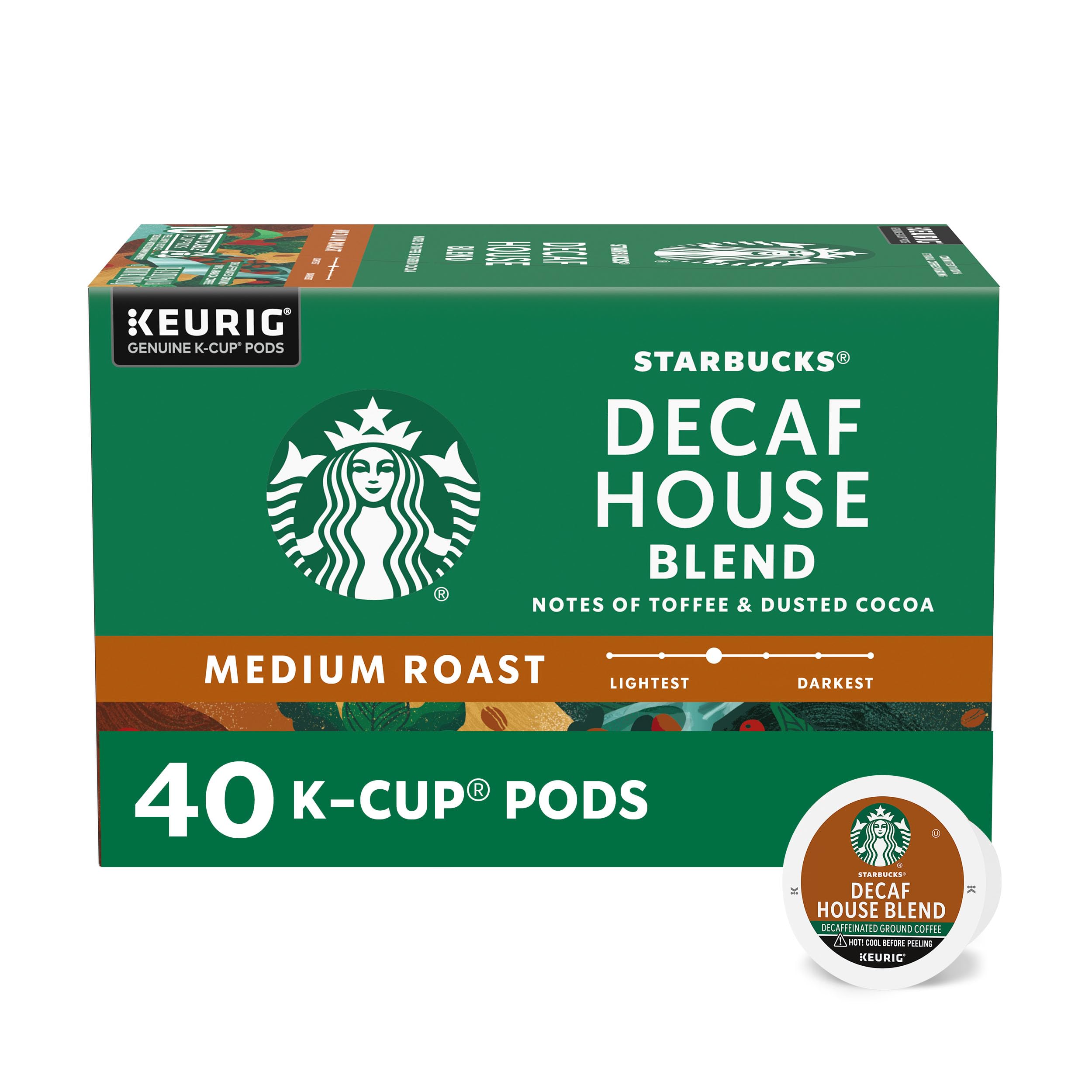 Starbucks Decaf House Blend K-Cup pods in a box for quick decaf mornings