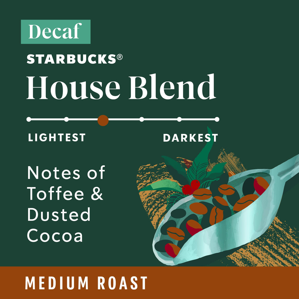Starbucks Decaf House Blend K-Cup pods ready to brew into a warm cup