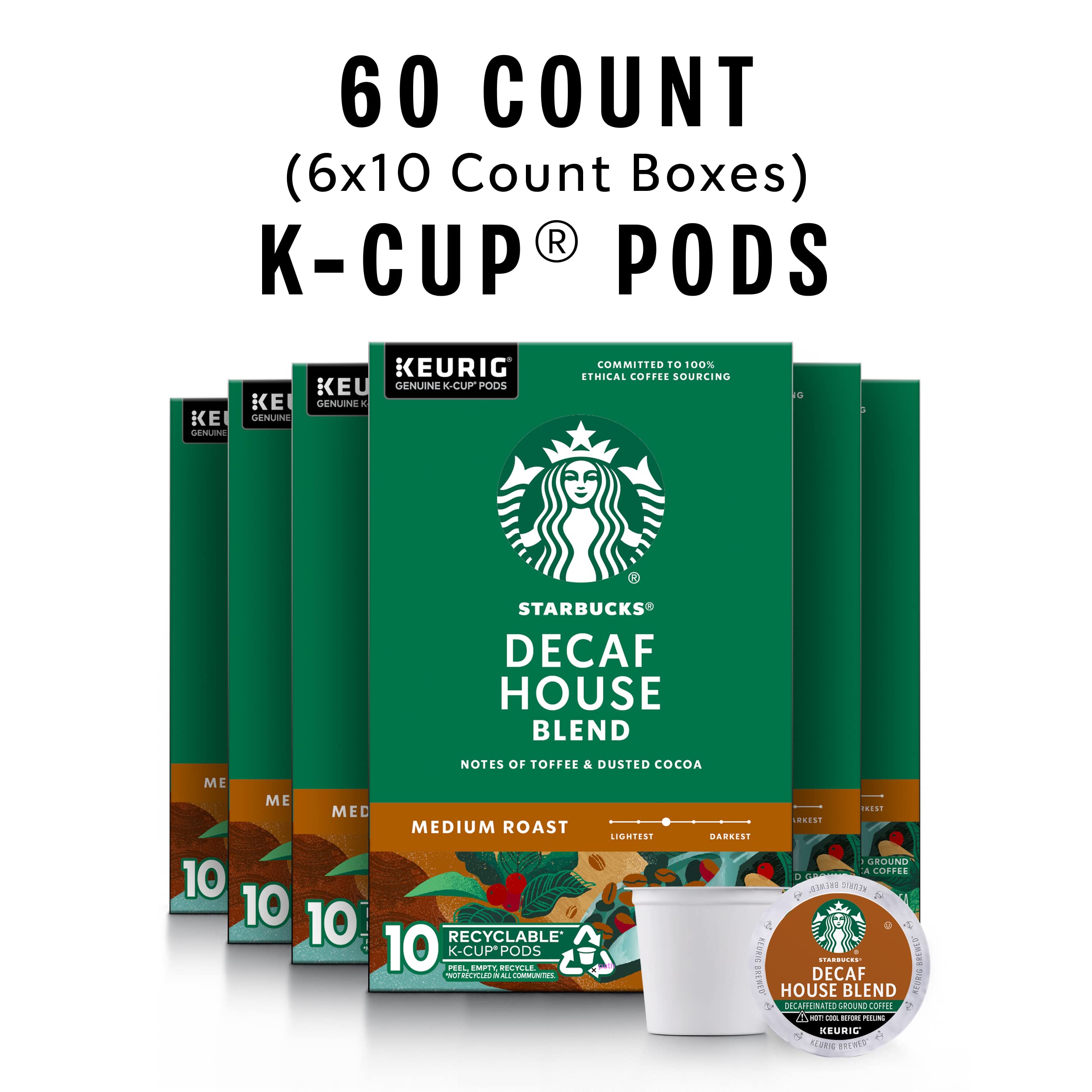 Starbucks Decaf House Blend K-Cups lined up for quick hot or iced coffee.