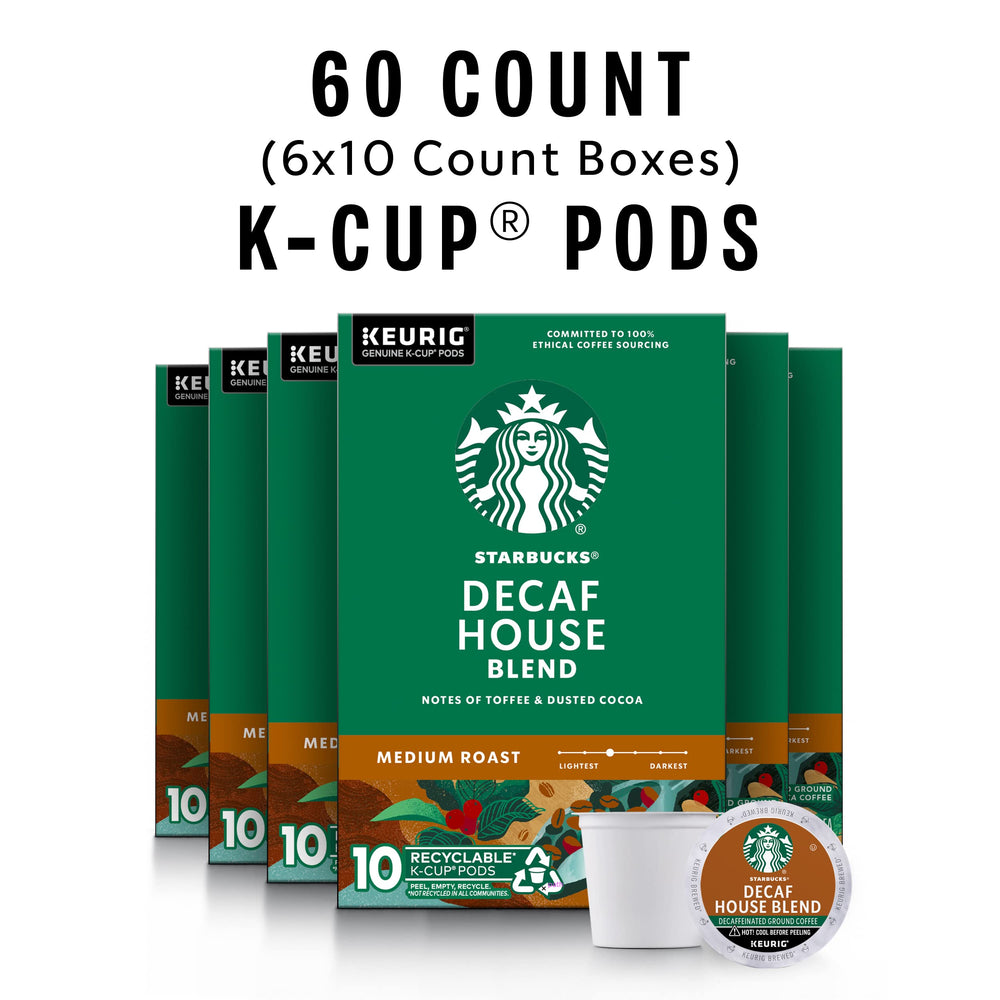 Starbucks Decaf House Blend K-Cups lined up for quick hot or iced coffee.