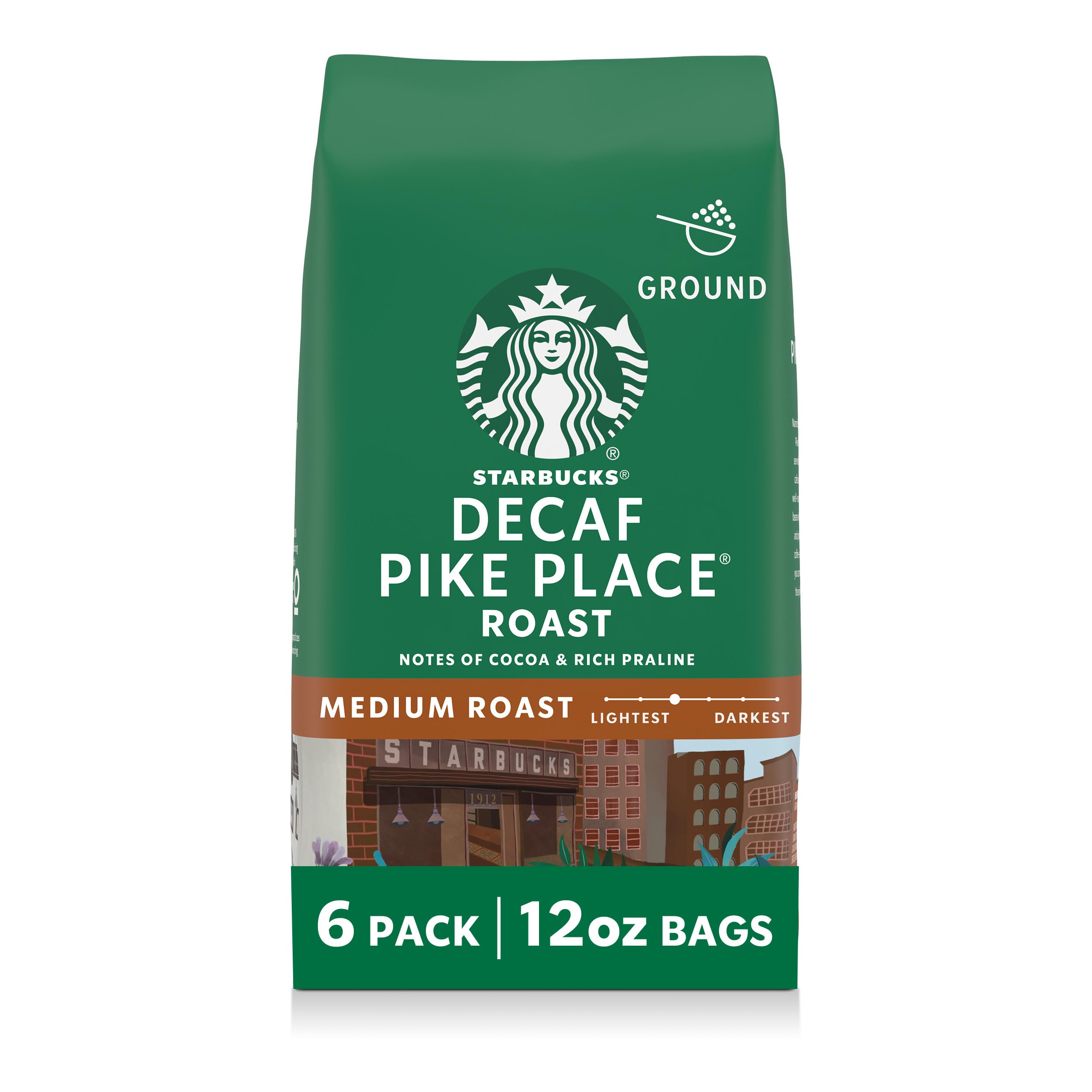 Starbucks Decaf Pike Place ground coffee six-pack for home brewing