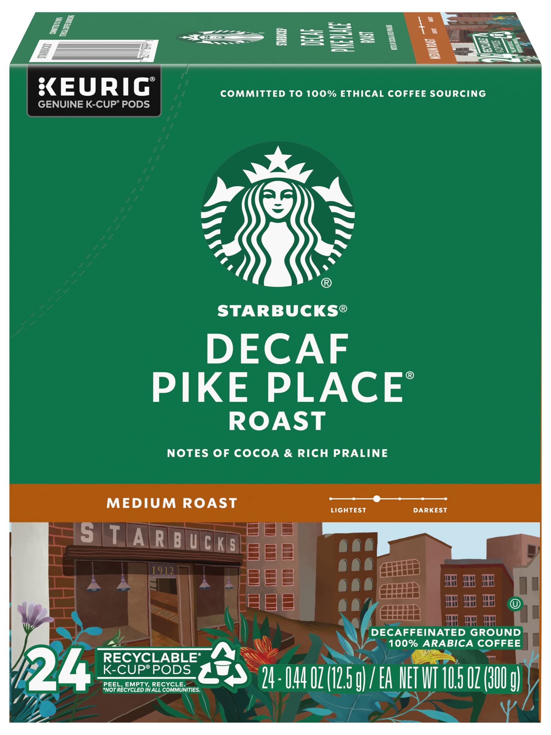 Close-up of Starbucks Decaf Pike Place K-Cups lid for quick brewing