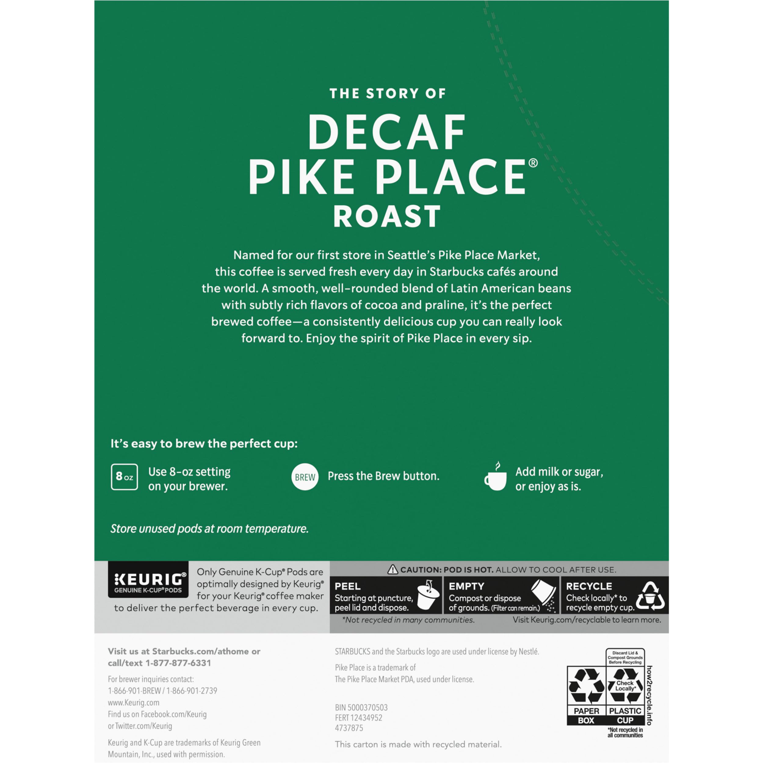 Store display conveys availability of Starbucks Decaf Pike Place pods for shoppers.