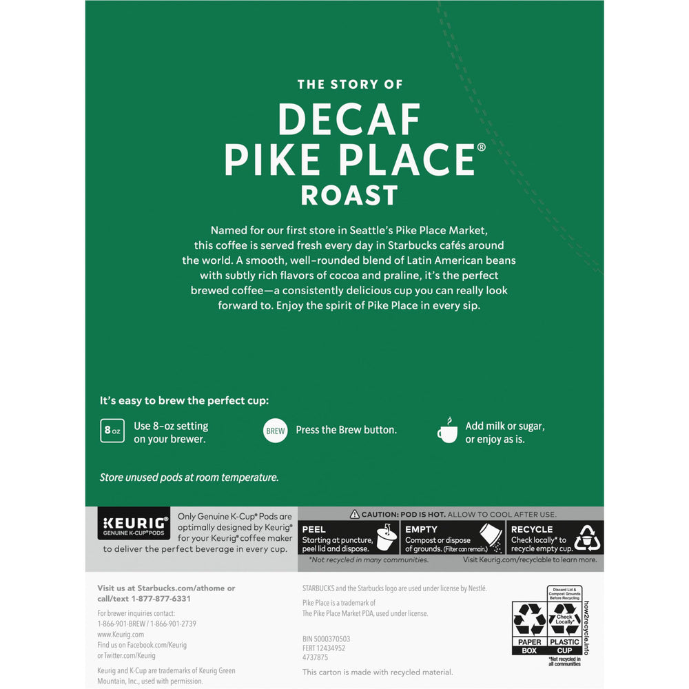 Store display conveys availability of Starbucks Decaf Pike Place pods for shoppers.