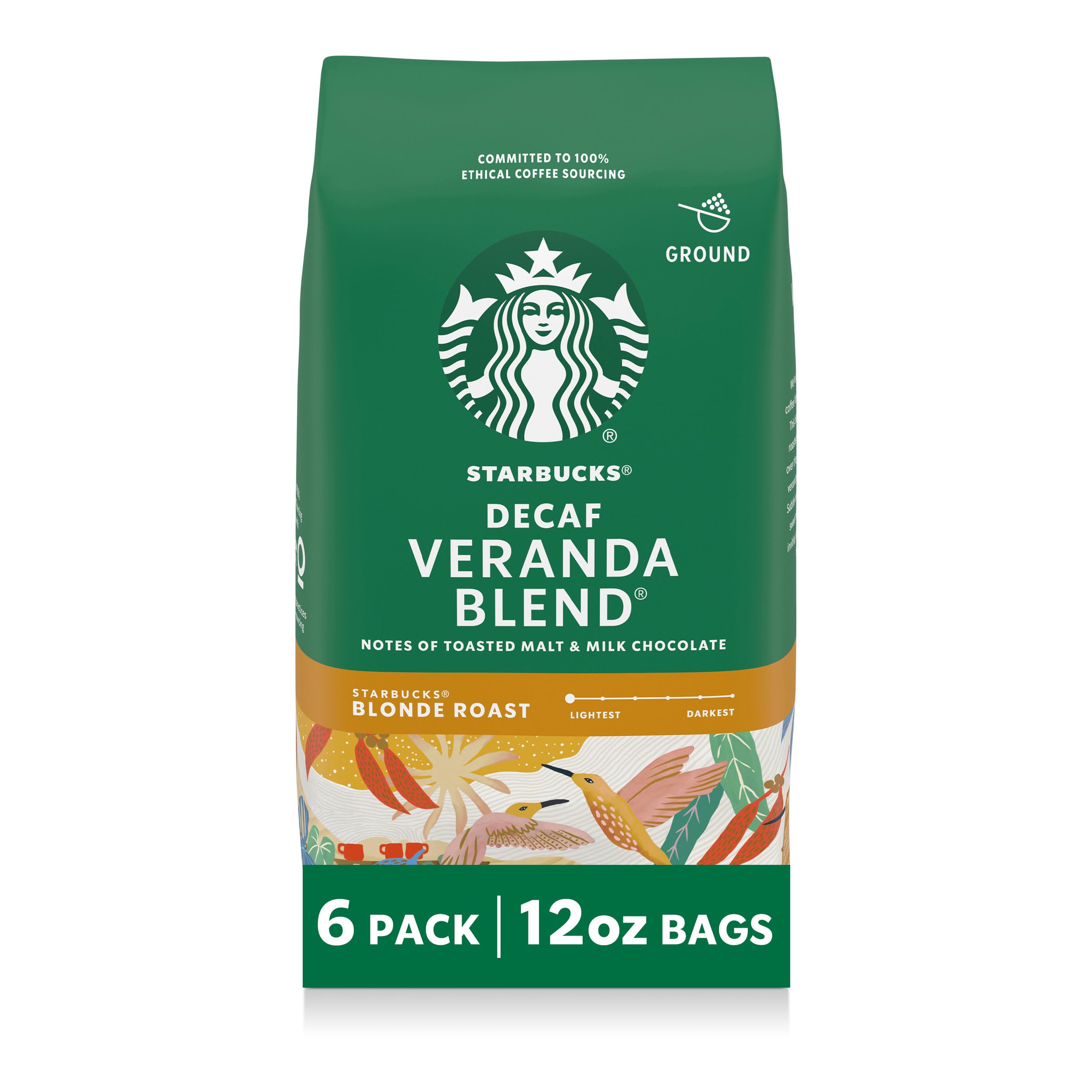 Starbucks Decaf Veranda Blend ground coffee bags on counter for quick mornings