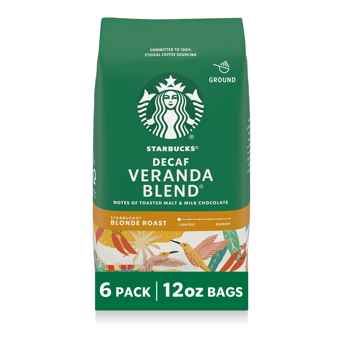 Starbucks Decaf Veranda Blend ground coffee bags on counter for quick mornings