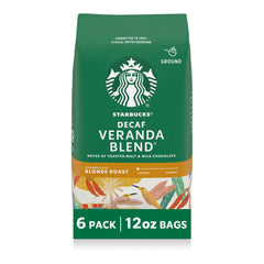 Starbucks Decaf Veranda Blend ground coffee bags on counter for quick mornings