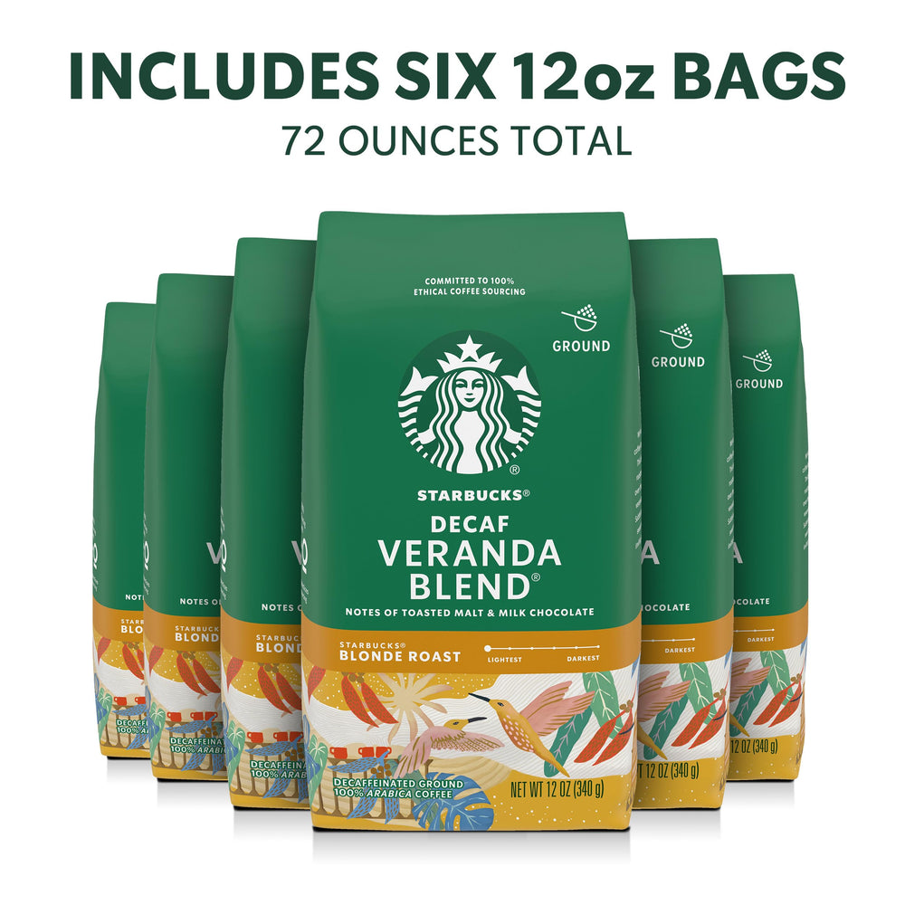 Starbucks Decaf Veranda Blend label close-up highlighting decaf