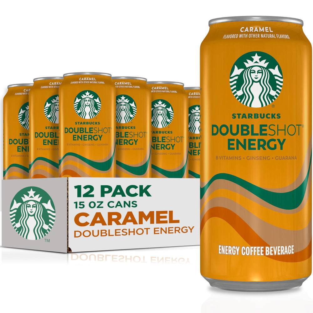 Starbucks Doubleshot Energy Drink caramel can front, convenient morning boost.