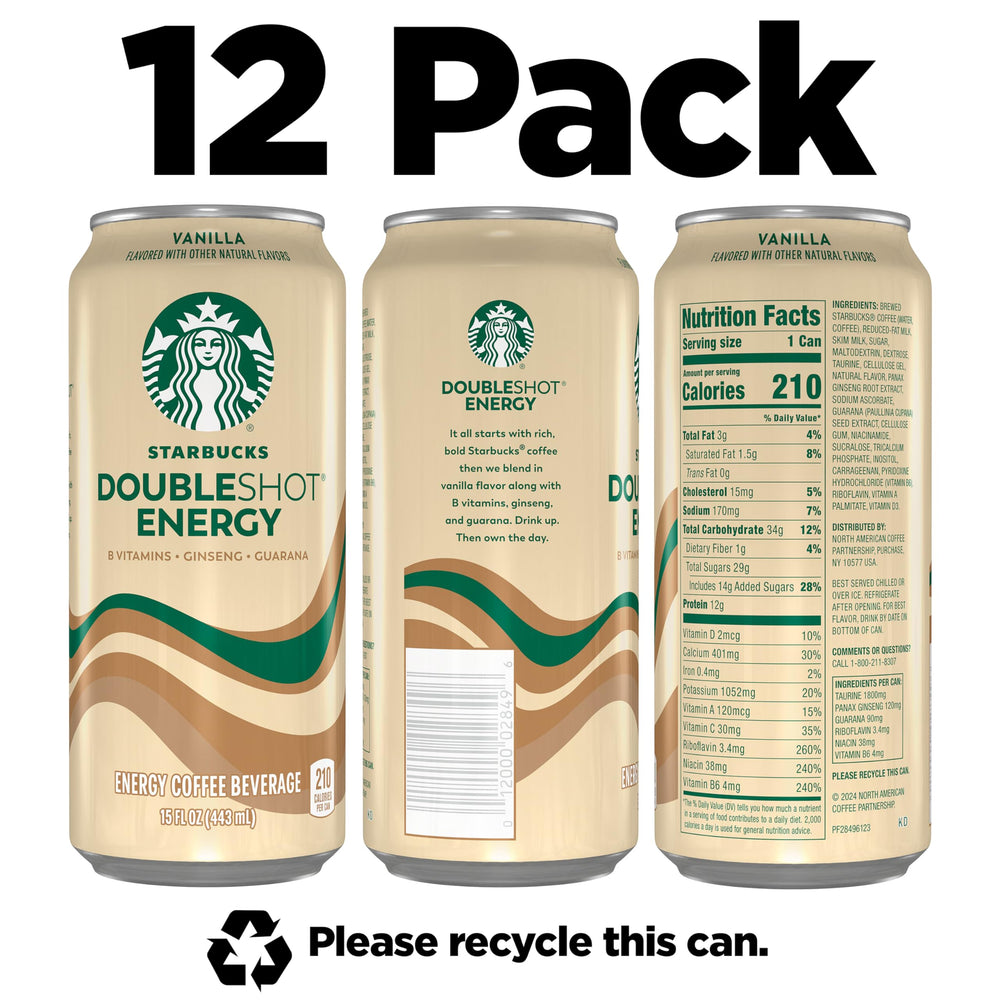 Starbucks Doubleshot Energy Drink Vanilla can angled beside a laptop for on-the-go focus