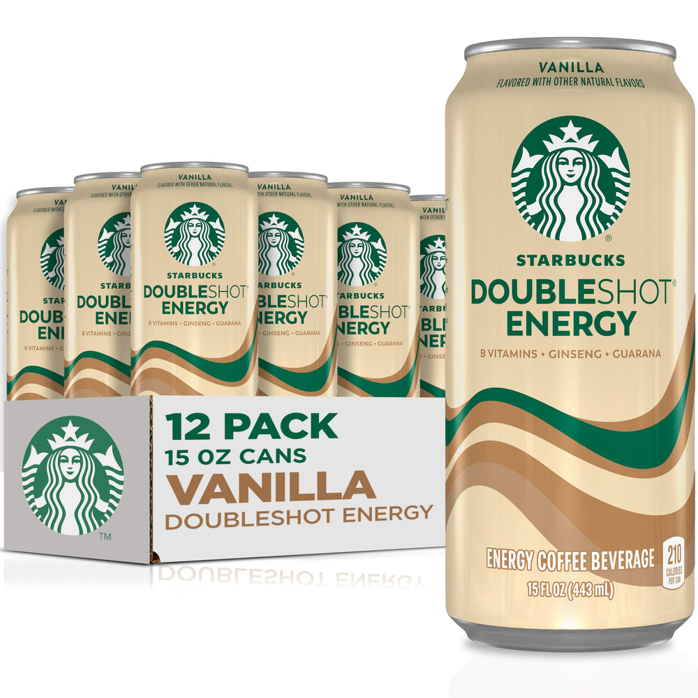 Starbucks Doubleshot Energy Drink Vanilla cans stacked for quick morning energy boost