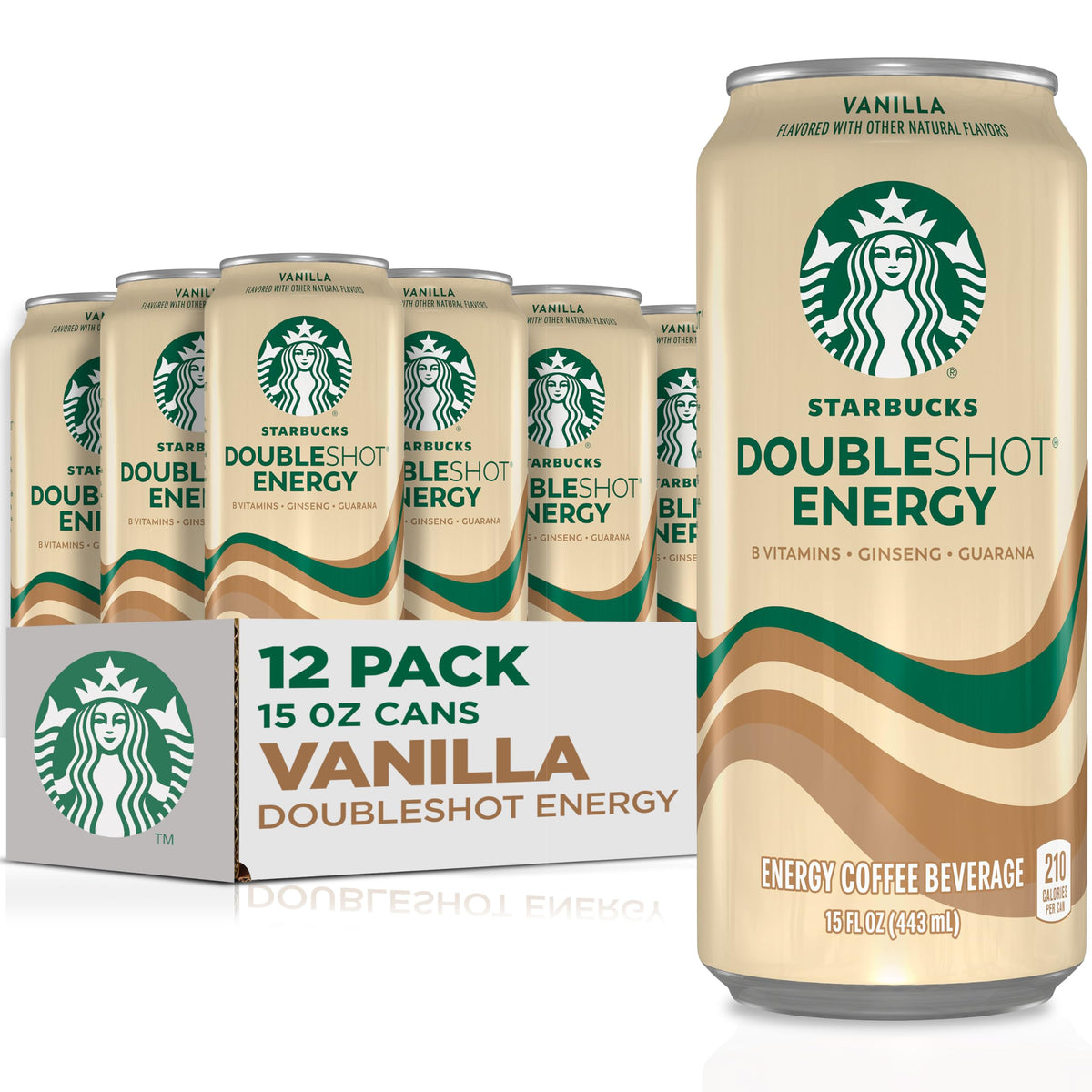 Starbucks Doubleshot Energy Drink Vanilla cans stacked for quick morning energy boost