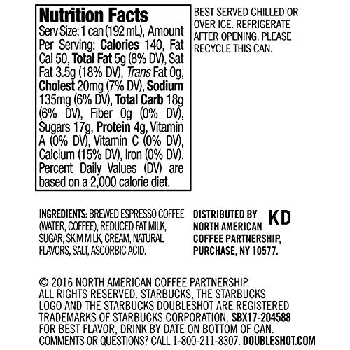 Closeup of Starbucks Doubleshot Salted Caramel espresso beverage with bold crema