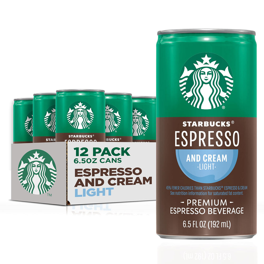 Starbucks Espresso & Cream Light can front view, portable caffeine boost.
