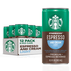 Starbucks Espresso & Cream Light can front view, portable caffeine boost.