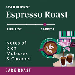 Starbucks Espresso Roast beans close-up highlighting molasses and caramel notes.