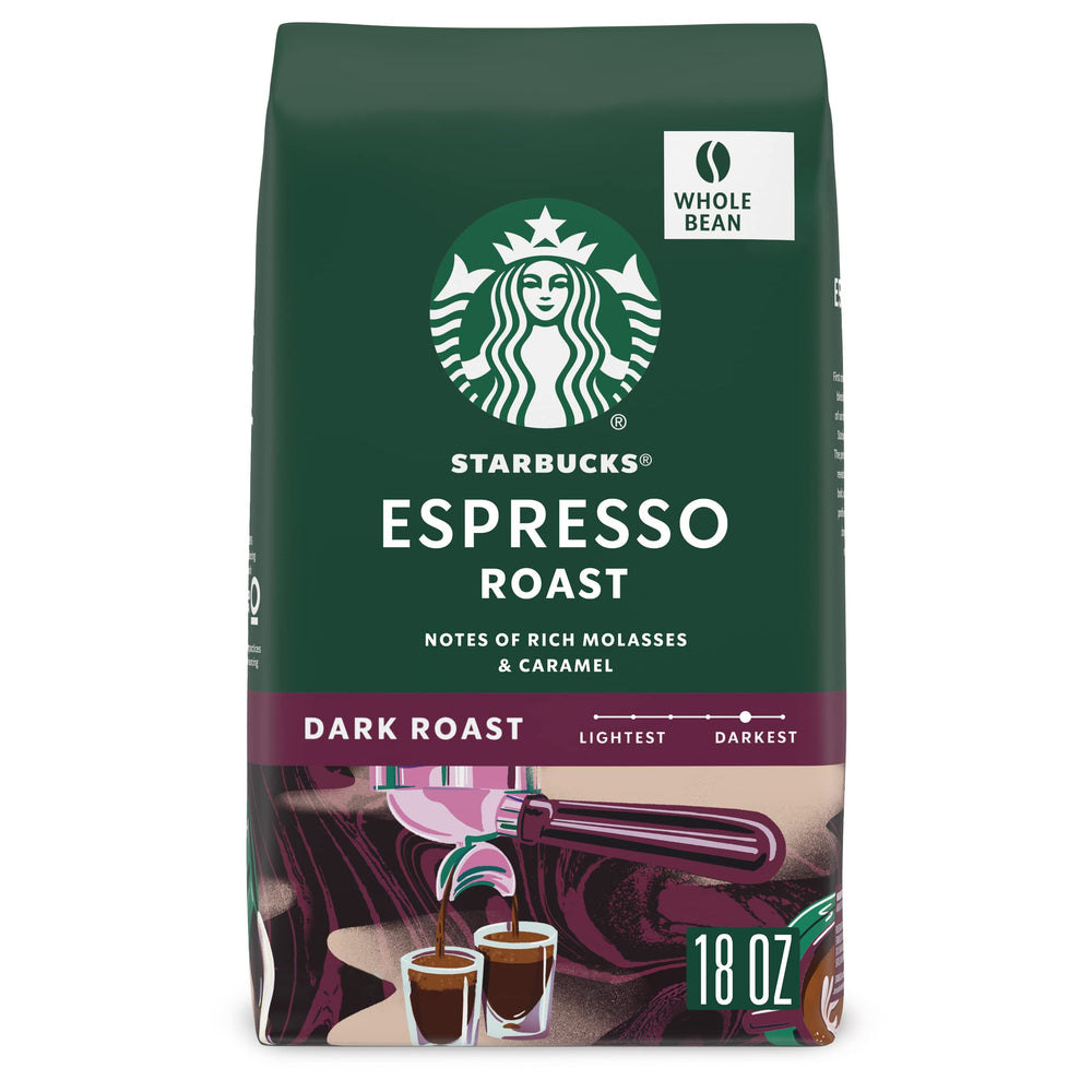 Starbucks Espresso Roast whole bean bag highlights premium beans for rich home brews.