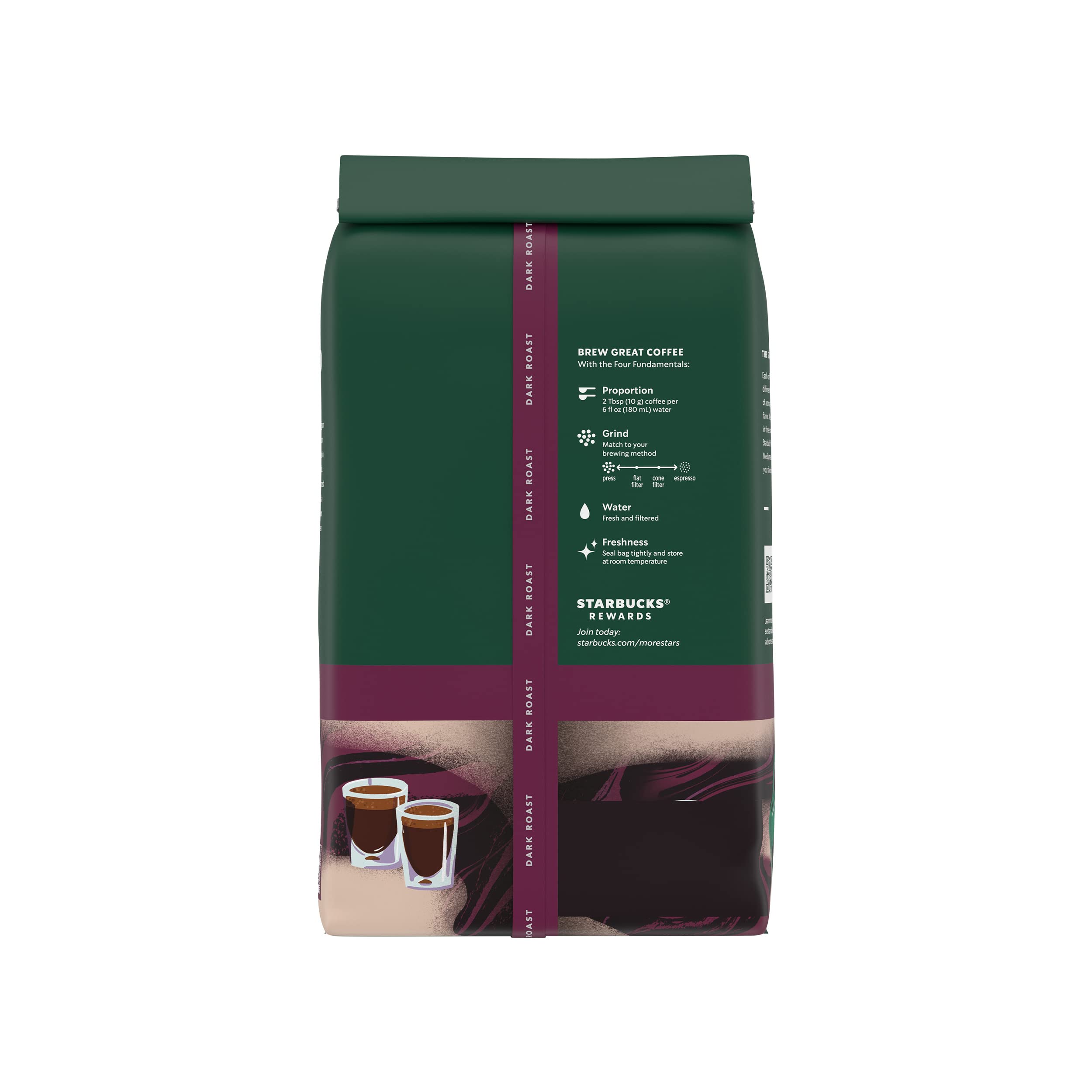 Starbucks Ethical Sourcing label on Espresso Roast bag underscores responsible sourcing.