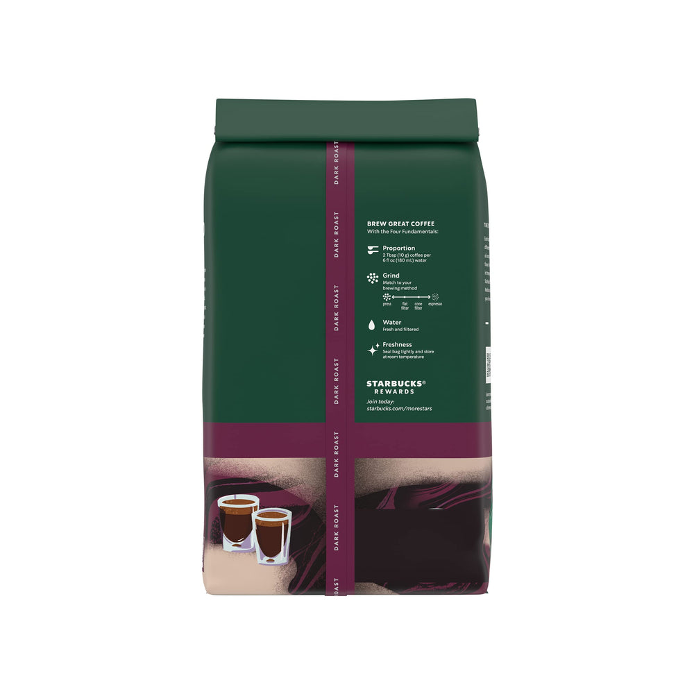 Starbucks Ethical Sourcing label on Espresso Roast bag underscores responsible sourcing.