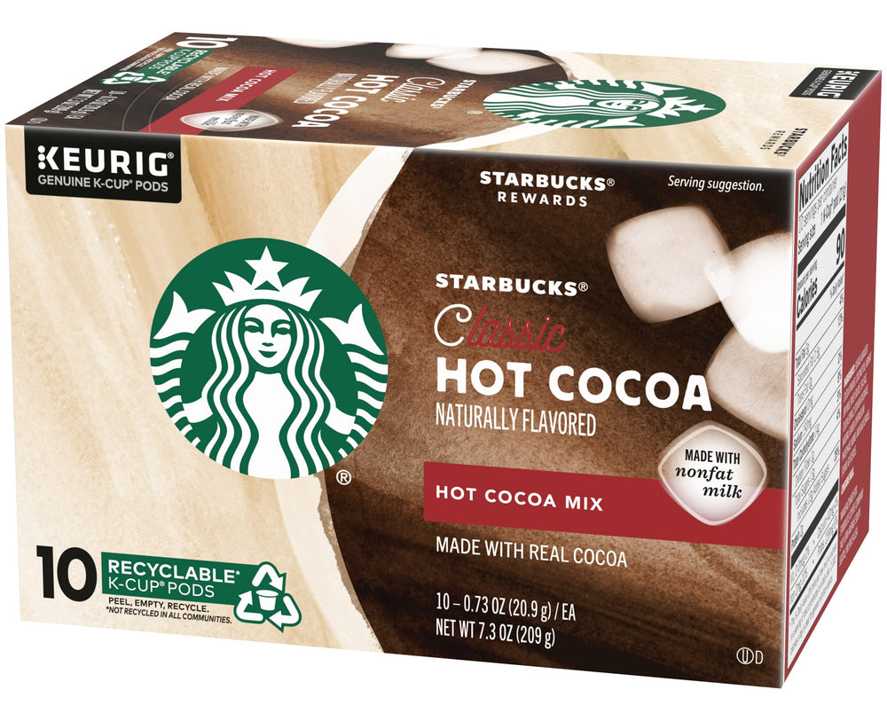 Close-up of ethically sourced cocoa imagery behind Starbucks hot cocoa.