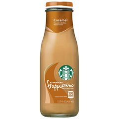 Starbucks Frappuccino Caramel bottle being poured over ice shows chill-ready serving
