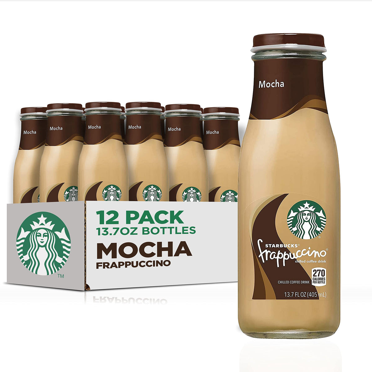 Starbucks Frappuccino Mocha bottle front, on-the-go coffee boost.