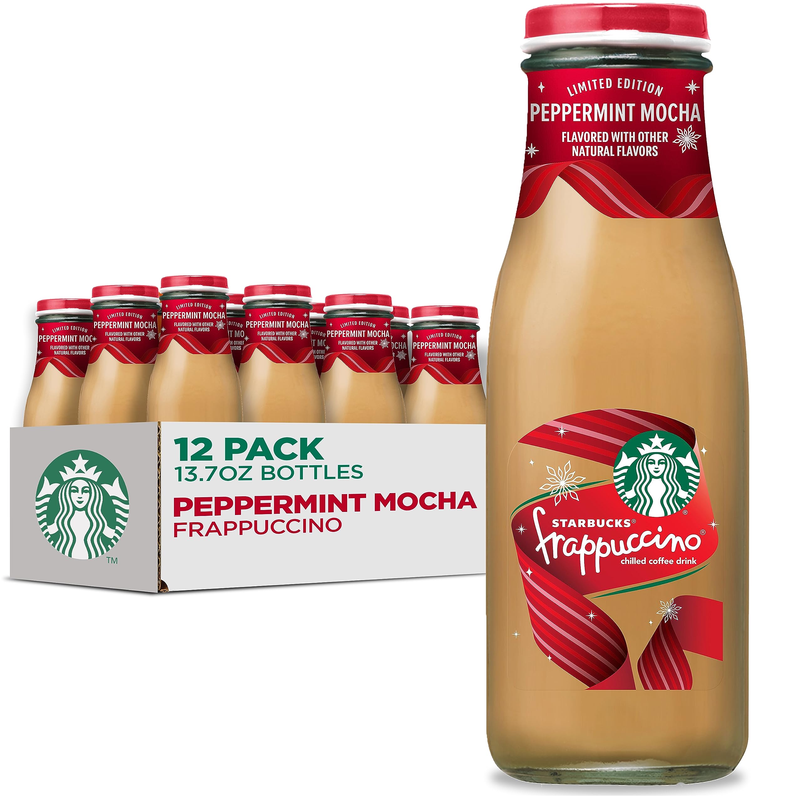 Starbucks Frappuccino Peppermint Mocha bottle showcases creamy coffee flavor for on-the-go enjoyment.