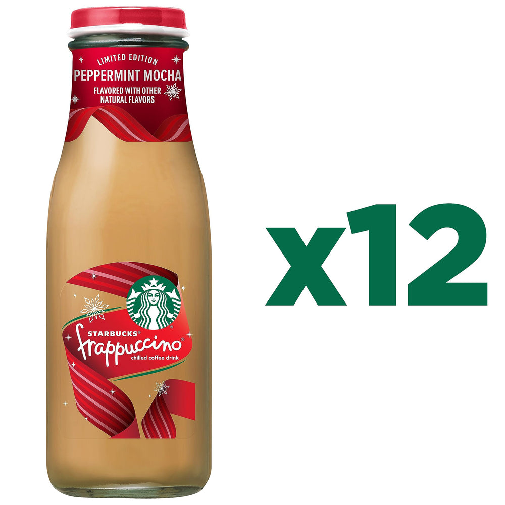 Starbucks Frappuccino Peppermint Mocha pouring into a glass for a ready-to-drink experience.