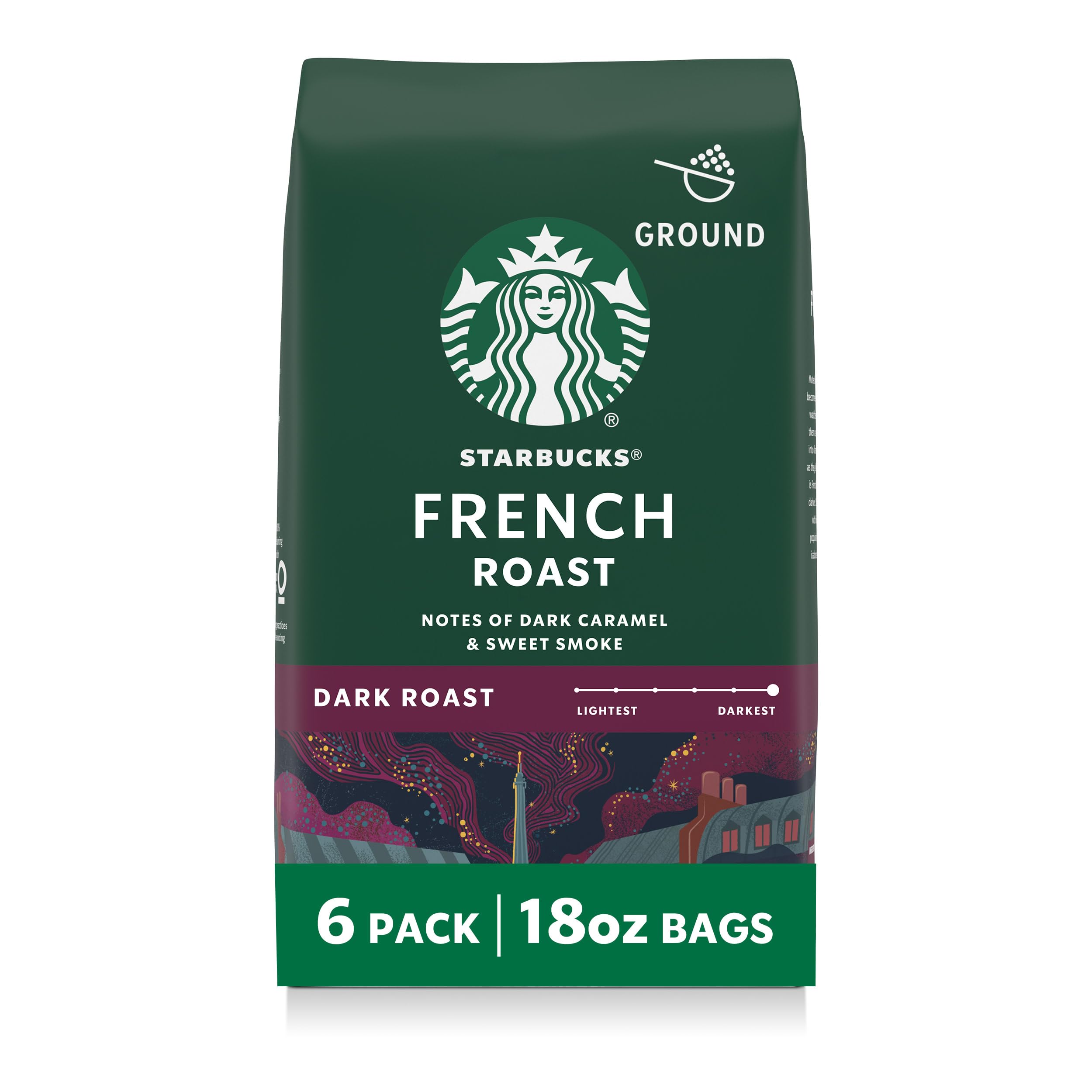 Starbucks French Roast ground coffee bag front view for home brewing