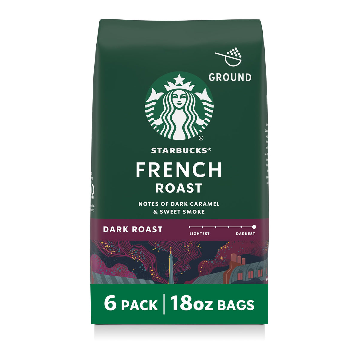 Starbucks French Roast ground coffee bag front view for home brewing