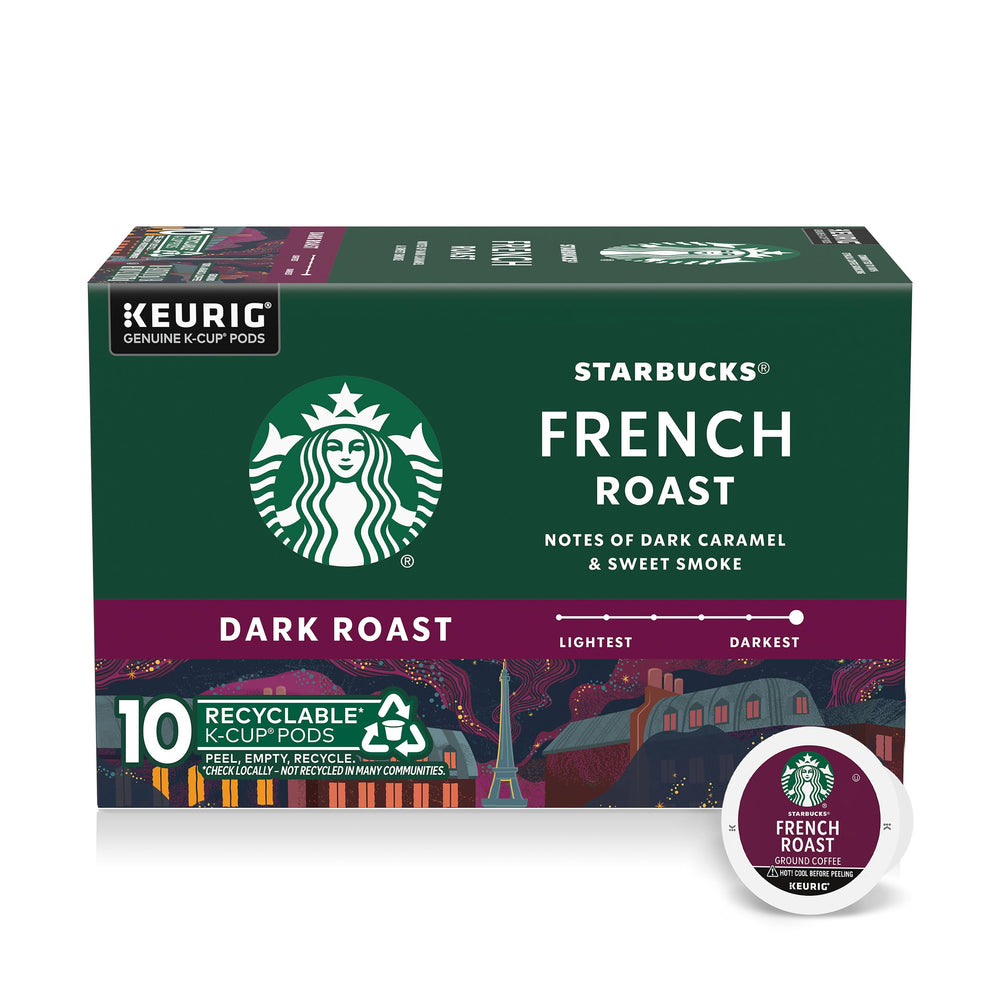 Starbucks French Roast K-Cup pods in a box for home brewing.