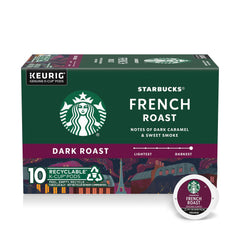 Starbucks French Roast K-Cup pods in a box for home brewing.